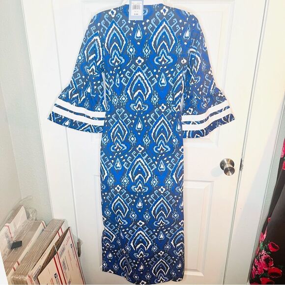 SAIL TO SABLE Bell Sleeve Caftan Midi Dress Cotton Ikat Navy Blue White XS NWT - Picture 7 of 9